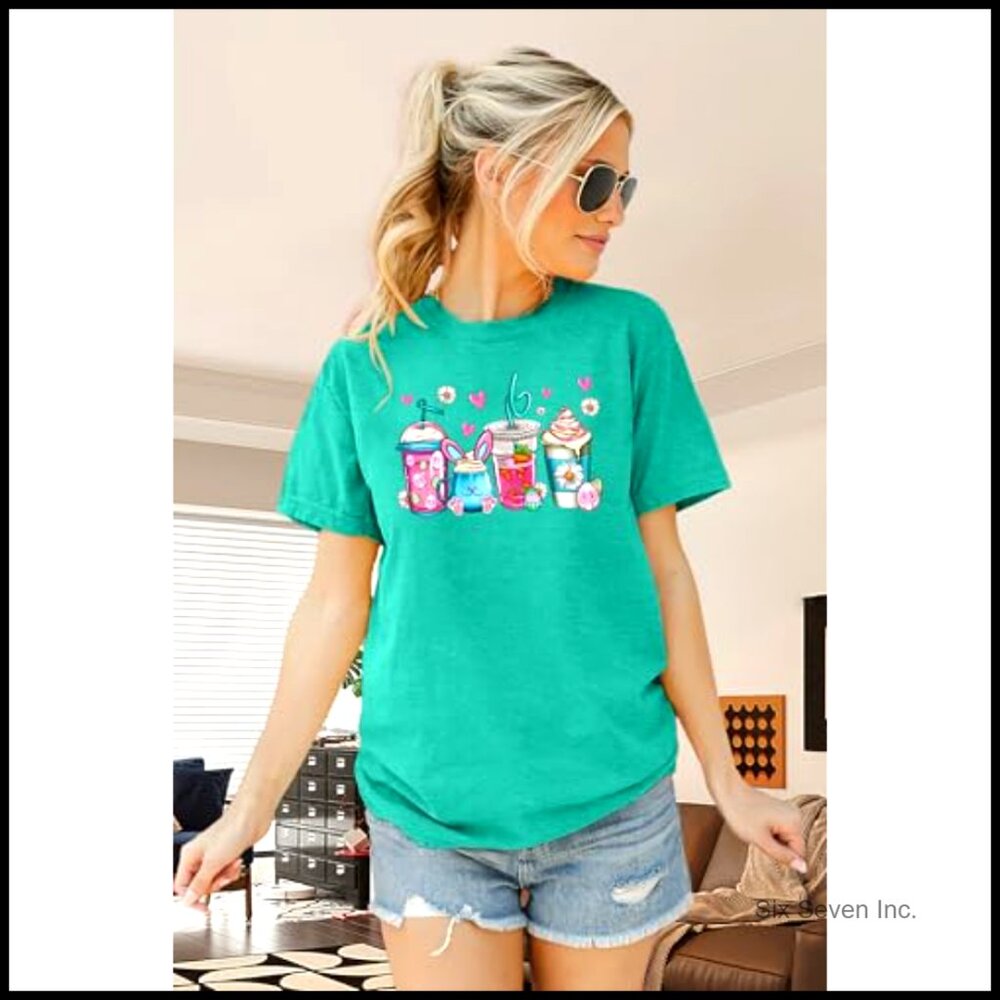 Happy Easter Bunny Rabbit Graphic T-Shirt Short Sleeve Top - Picture 3 of 7